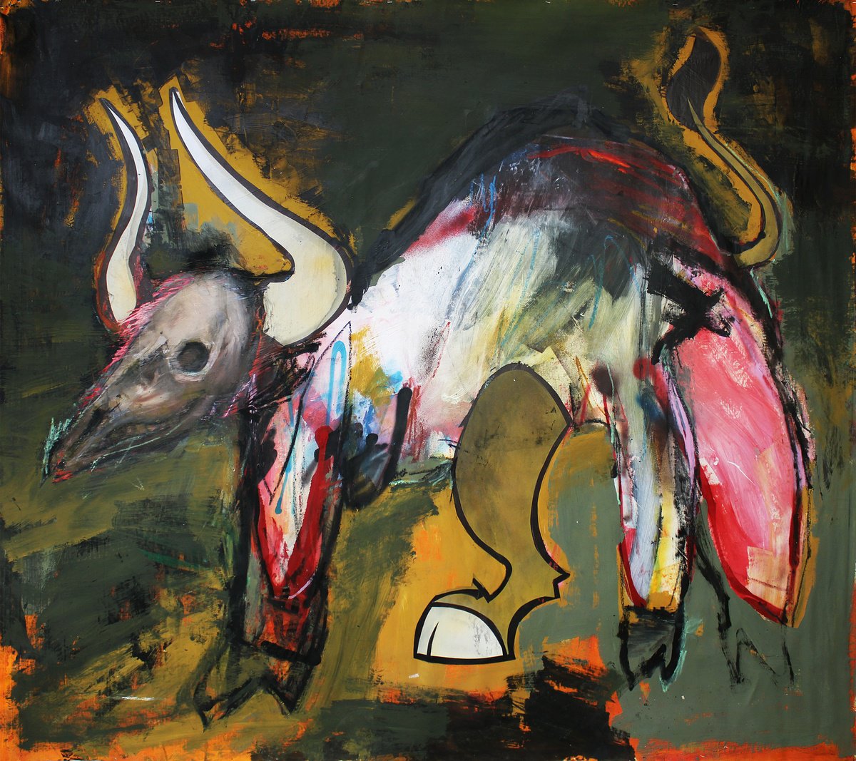 Expressive Animal Oil Painting By Milos Hronec, 75 X 67", Ungulates, Original Artwork