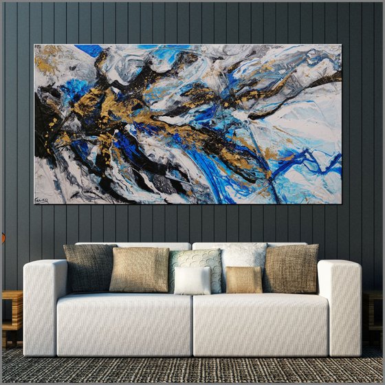 Golden Blue 190cm x 100cm Blue White Gold Abstract Art
