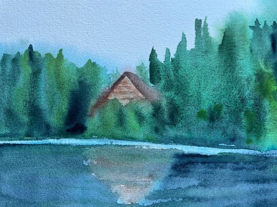 Mountain Watercolor Painting, Foggy Lake Original Artwork, Misty Forest Wall Art, Slovak Landscape Picture