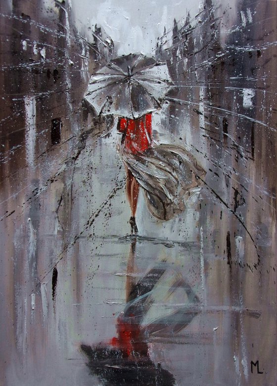 " RAINY LADY ... "  RAIN street WINTER original painting CITY palette knife GIFT