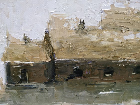Old farm. Small oil painting on can as