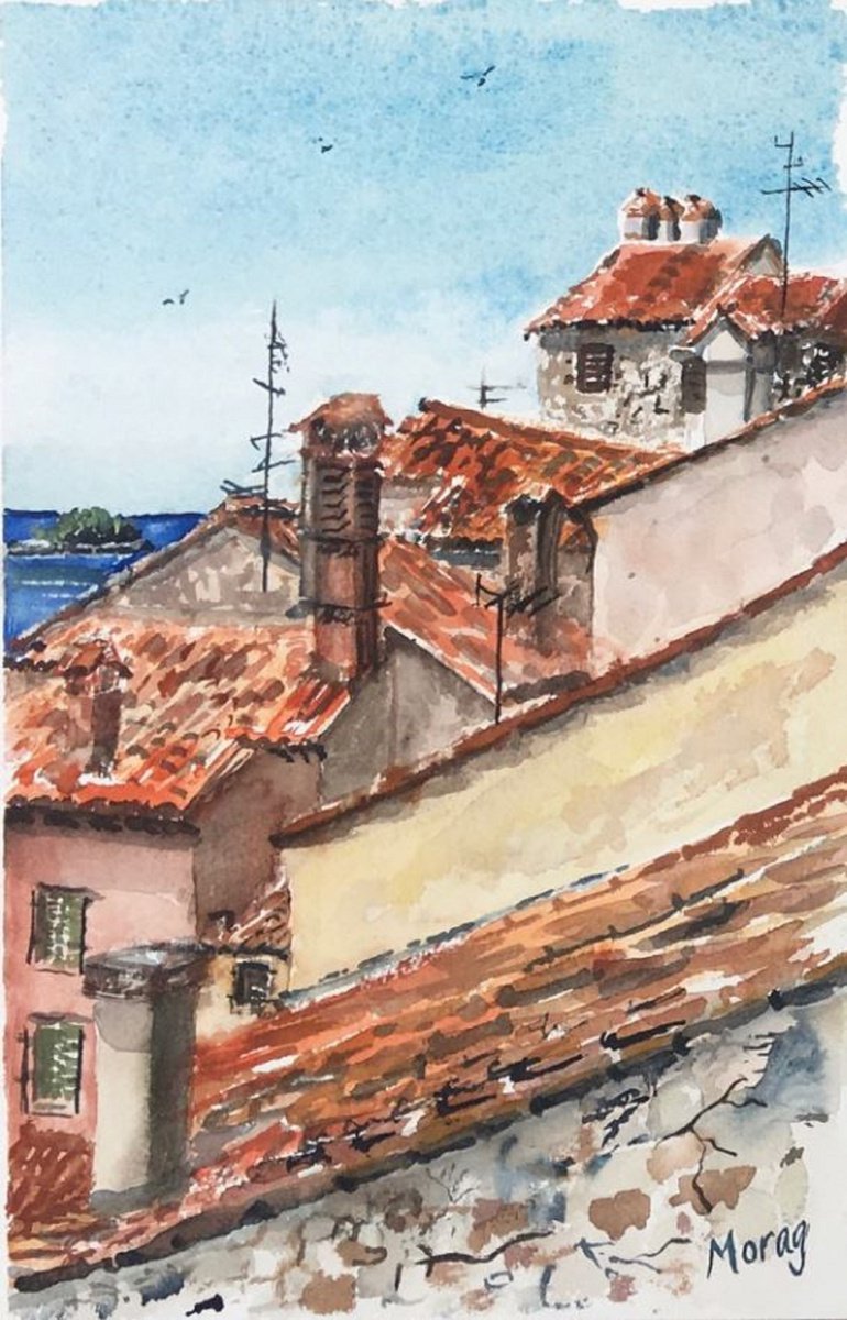 Impressionistic Landscape Watercolour By Morag Paul, 12 X 16", Red Rooves, Rovinj, Original Artwork