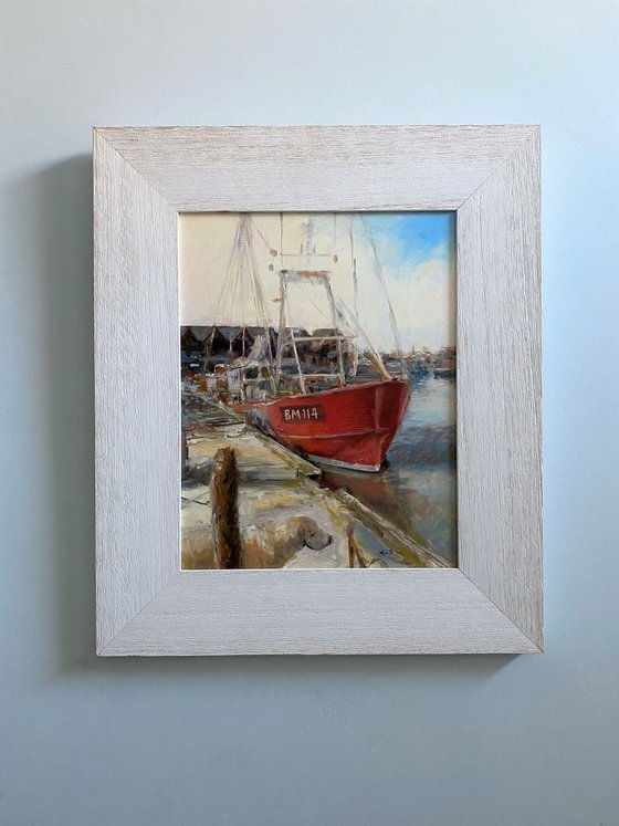 Red Boat; Whitstable Harbour-Impressionist oil painting.