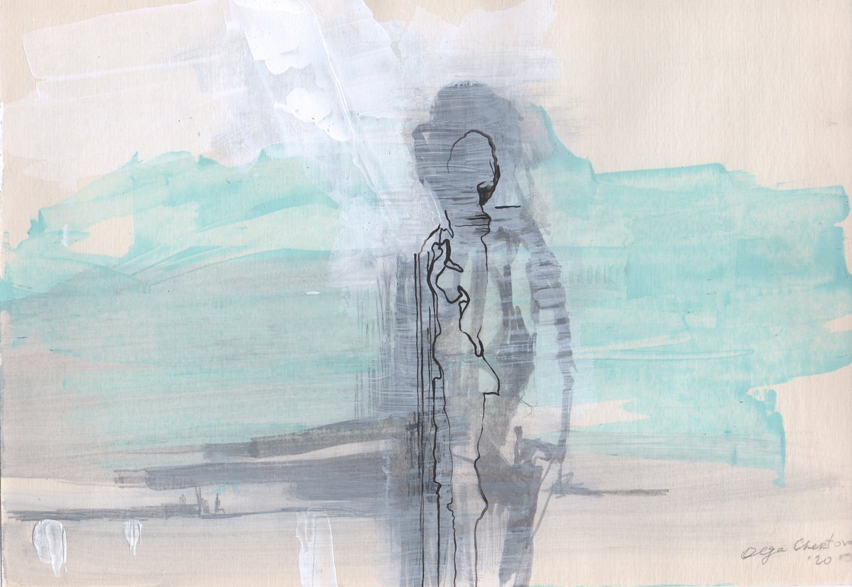 shadow man figurative paper drawing in light blue by Olga Chertova