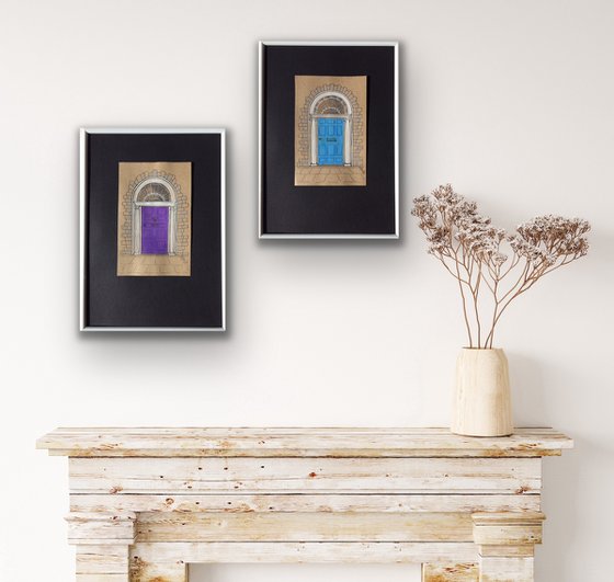 Violet and azure doors - Set of 2 architecture mixed media drawings in frames