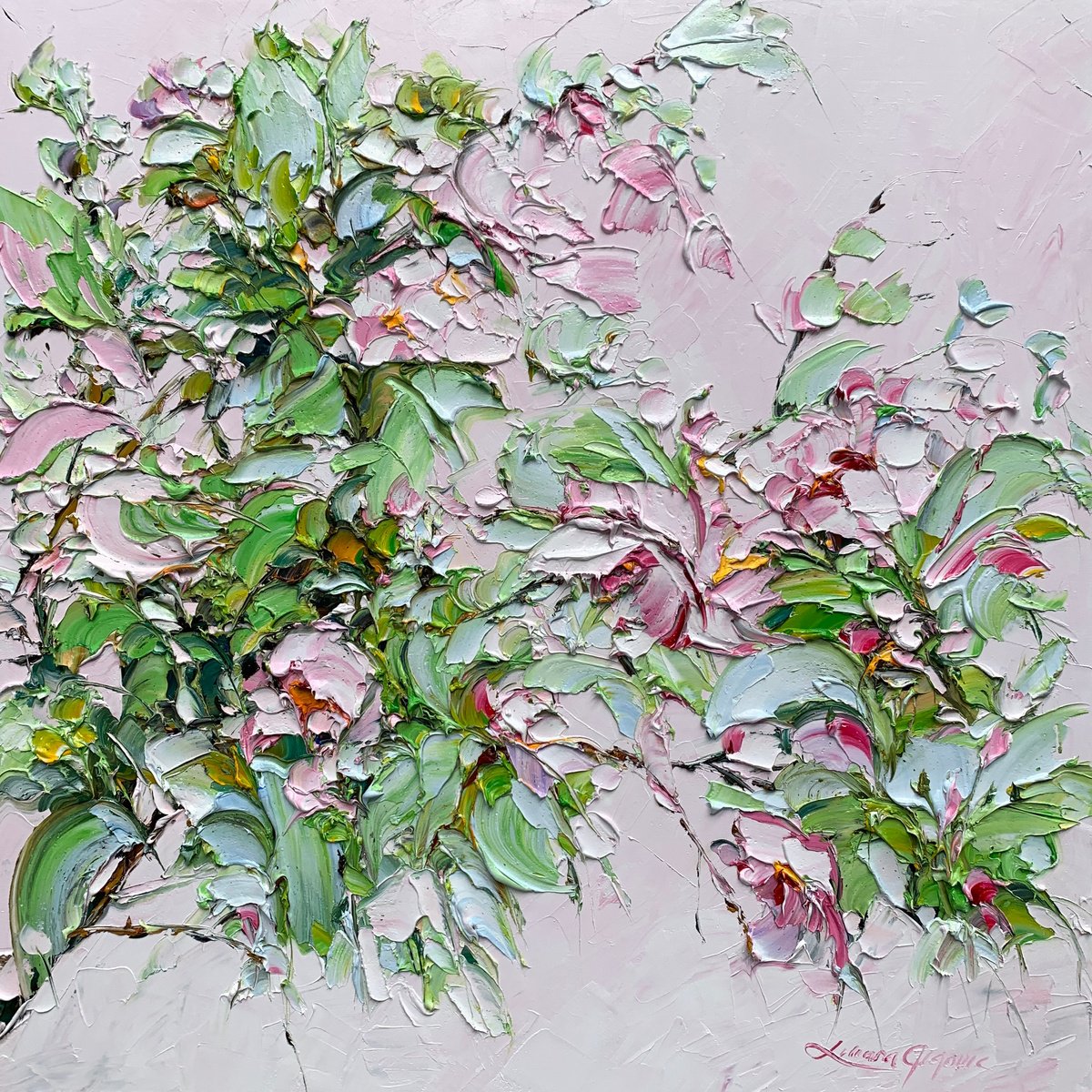 Impressionistic Botanical Oil Painting By Liliana Gigovic, 36 X 36", Spring Delight No 22, Original Artwork