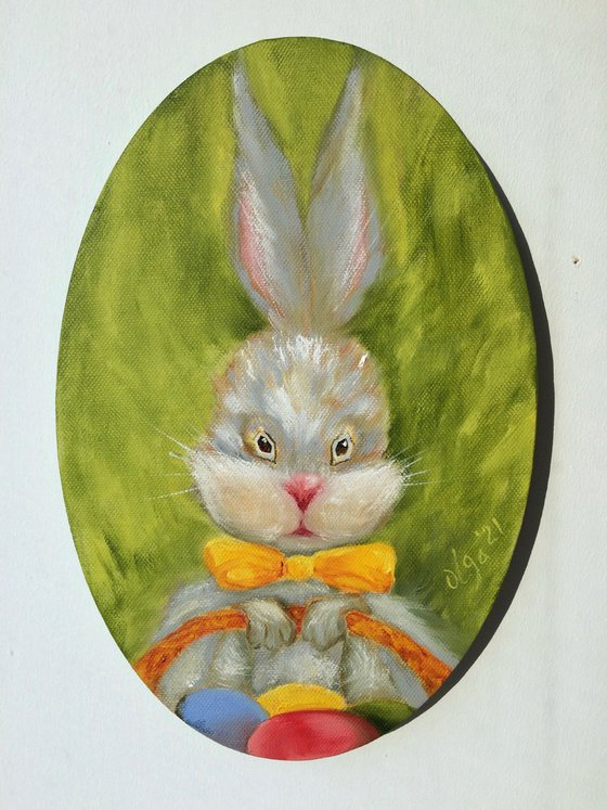 Easter Bunny with eggs - Small ellipse canvas - Funny gift idea