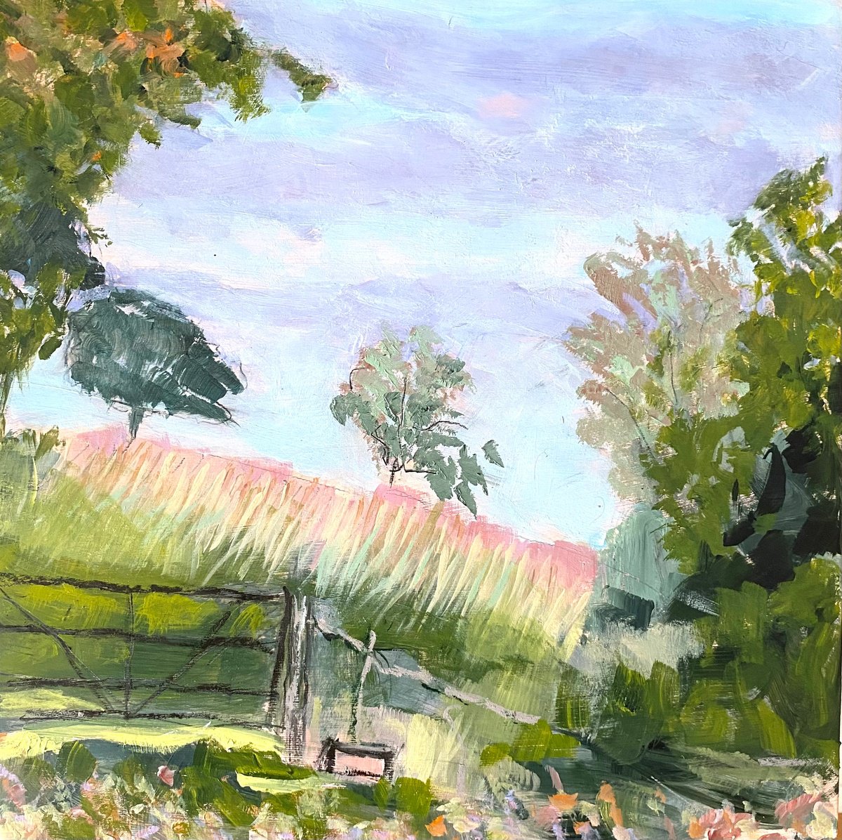 Impressionistic Landscape Acrylic Painting By Nikki Wheeler, 12 X 12", Early Autumn Gate, Original Artwork