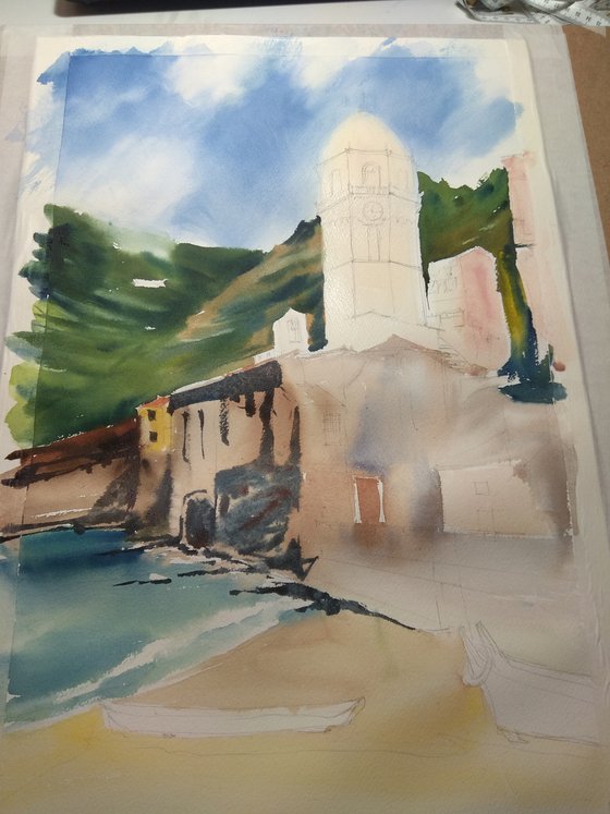 Vernazza. View of the tower and old town. Big format watercolor urban landscape Mediterranean italy sea bright architecture