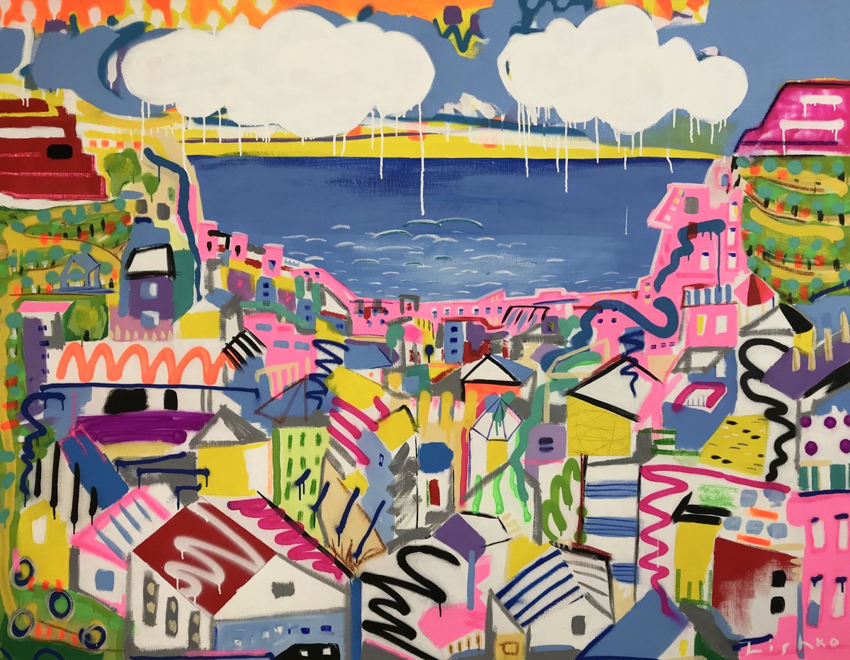 Expressive Cityscapes Acrylic Painting By V. Lishko, 71 X 55", Dream Town, Original Artwork