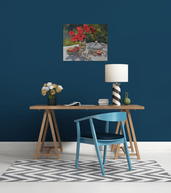 Summer Roses and White Teapot