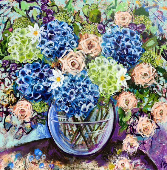 Blue Hydrangea and Roses