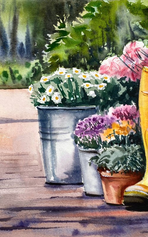 "Gardening Essentials"  original watercolor painting, home wall decor by Irina Povaliaeva