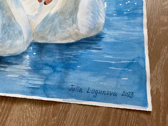 White Swans on the Pond Original Watercolour by Julia Logunova