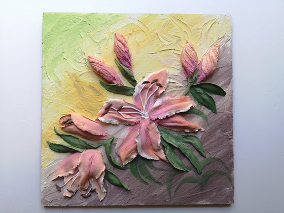 Cream Lilies on yellow background - 3d painting, 25x25x2 cm