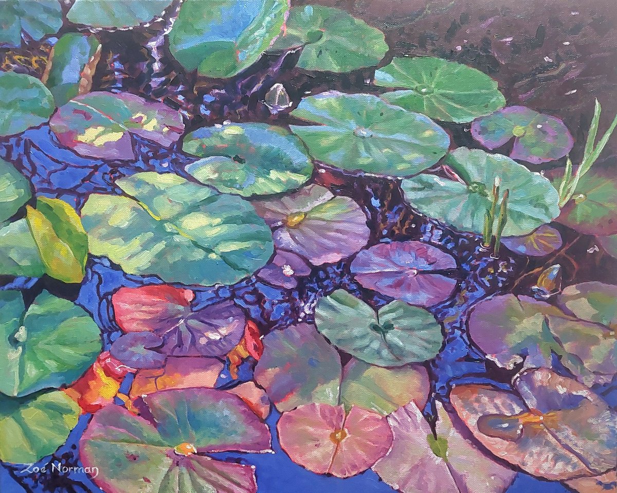 Impressionistic Botanical Oil Painting By Zoe Elizabeth Norman, 20 X 16", The Green Pond -Waterlilies, Original Artwork