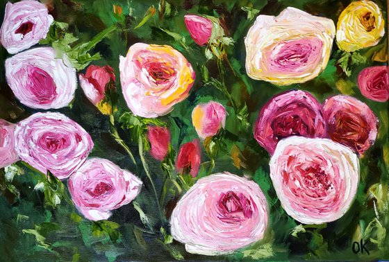 WHITE PINK YELLOW PURPLE  ROSES IN A GREENWICH GARDEN palette knife modern still life  flowers office home decor gift