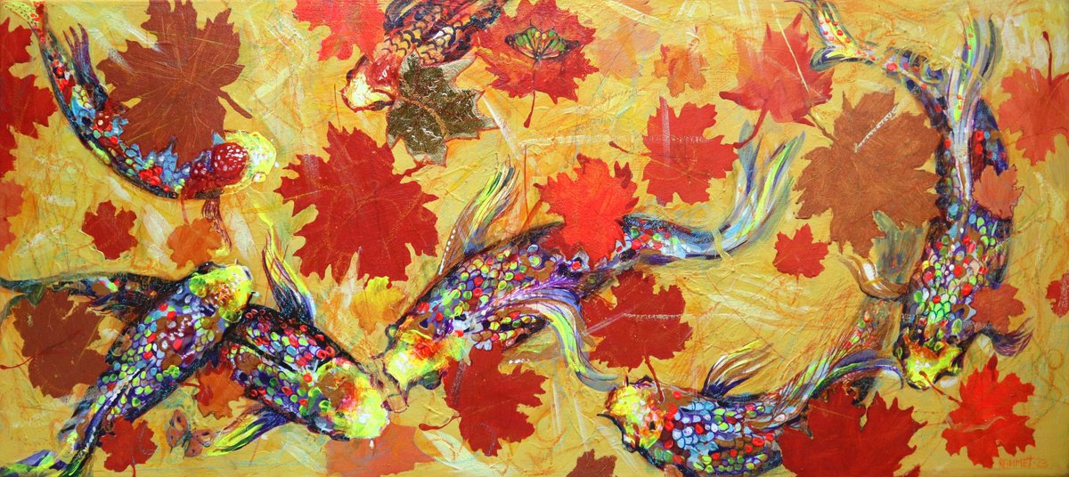 Impressionistic Animal Acrylic Painting By Rakhmet Redzhepov, 31 X 14", Koi Fish On Yellow., Original Artwork