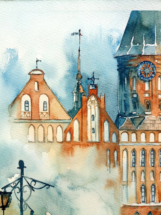 Architectural landscape "Kaliningrad. Clock Tower" original watercolor artwork