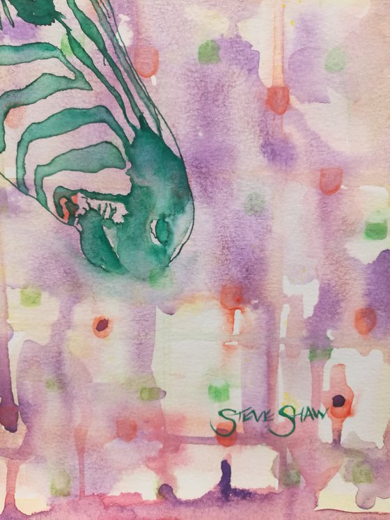 Green Zebra watercolour bright & colourful ( on paper ) Free Shipping