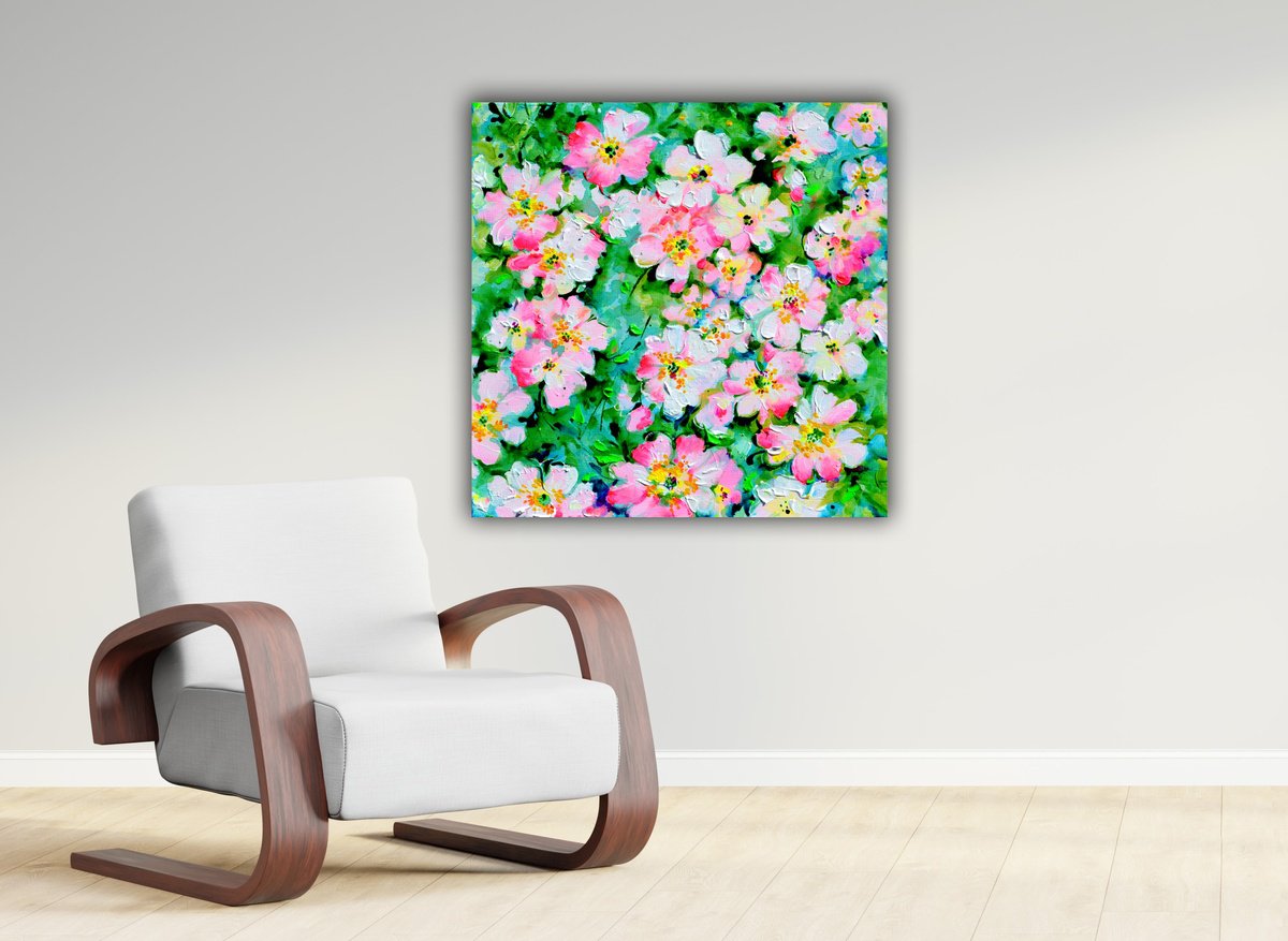 Impressionistic Botanical Acrylic Painting By Soos Roxana Gabriela, 16 X 16", Wild White And Pink Roses, Original Artwork