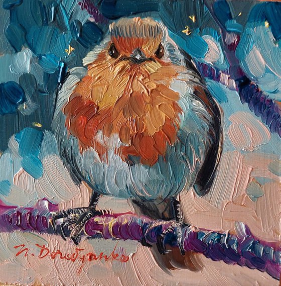 Bird painting original oil for sale, Robin bird art painting, Miniature painting 4x4, Mother's day gift