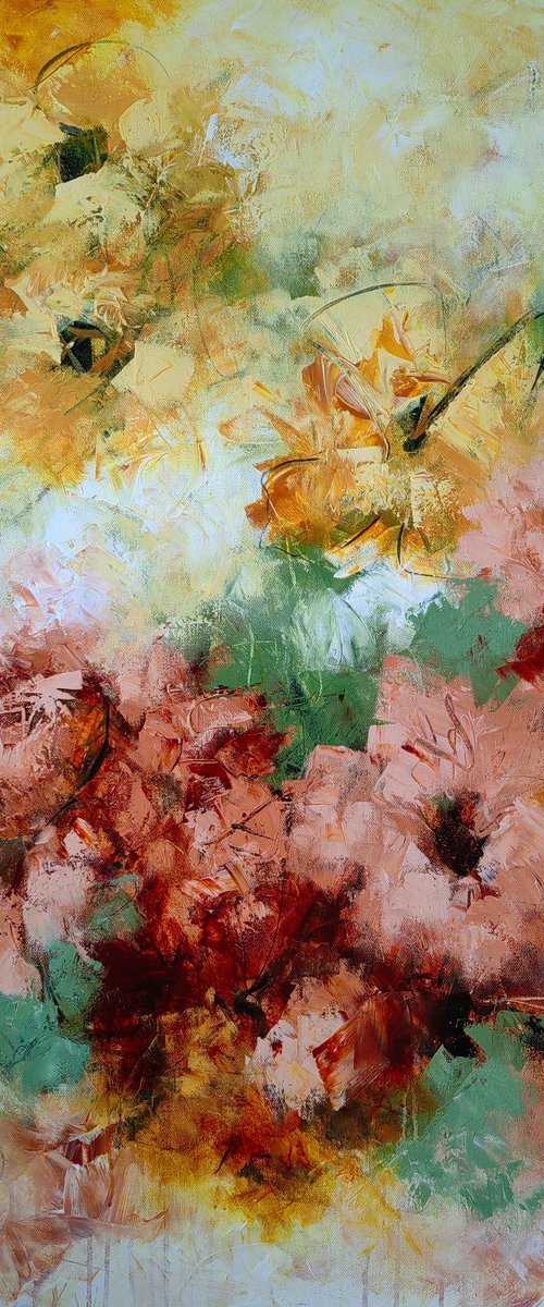 "Enchanted Blooms" from "Colours of Summer" collection, XXL abstract flower painting by Vera Hoi