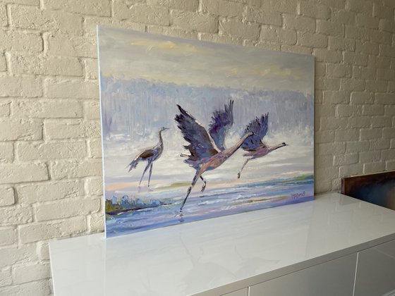 "Flight of birds". Oil painting. Birds in flight