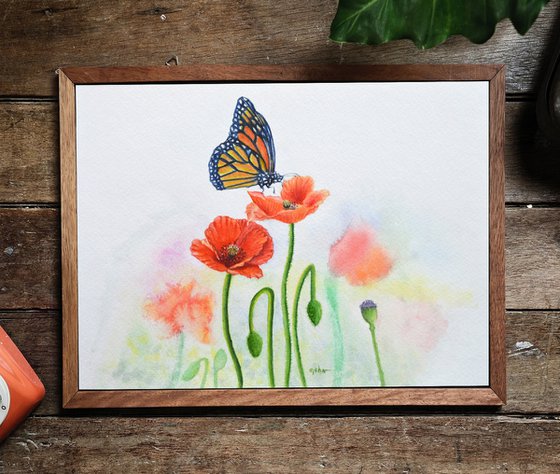 Monarch butterfly with poppies