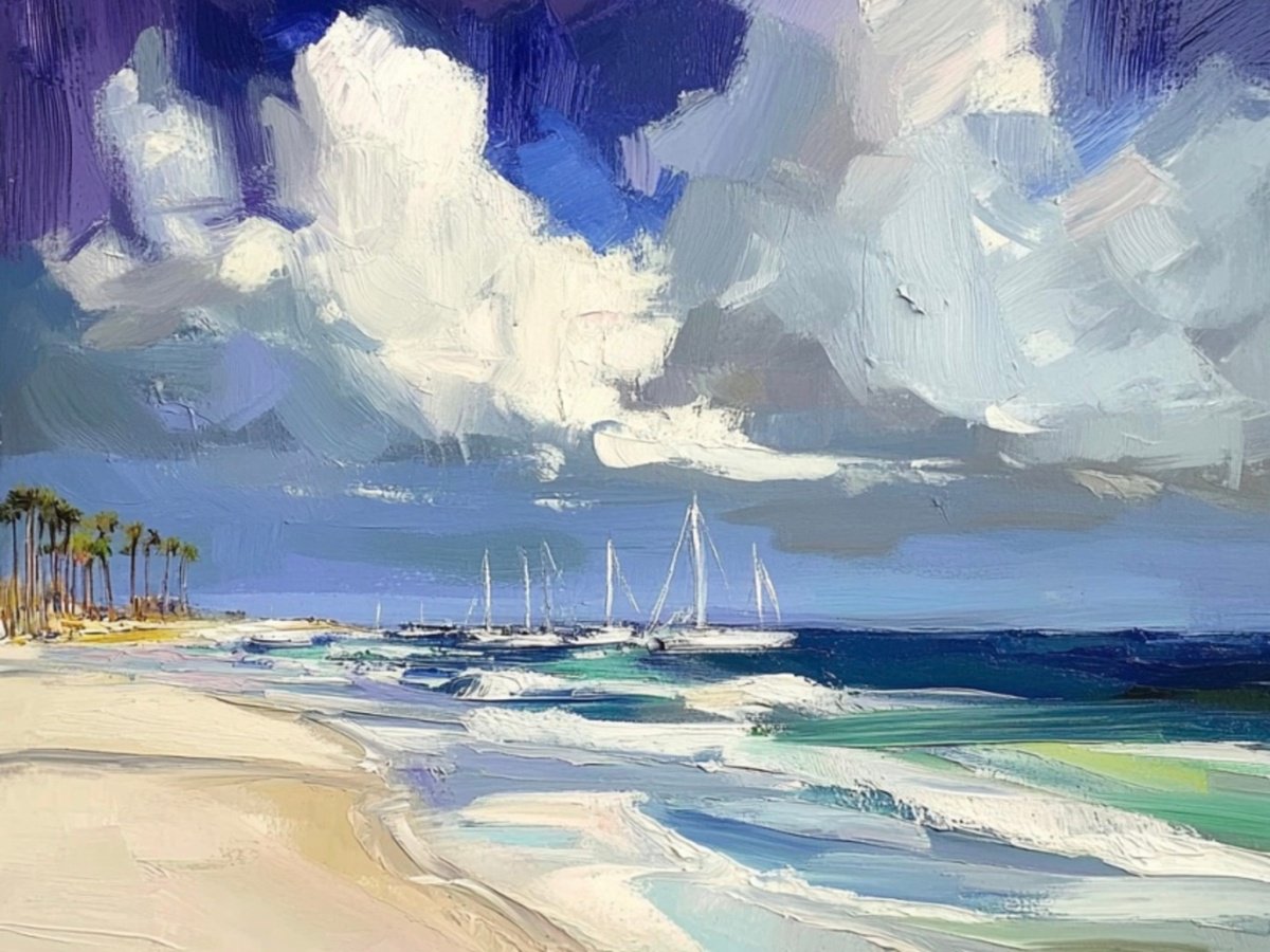 Impressionistic Landscape Print By Elena Avanesova, 31 X 24, Sailboats On The Beach, Original Artwork