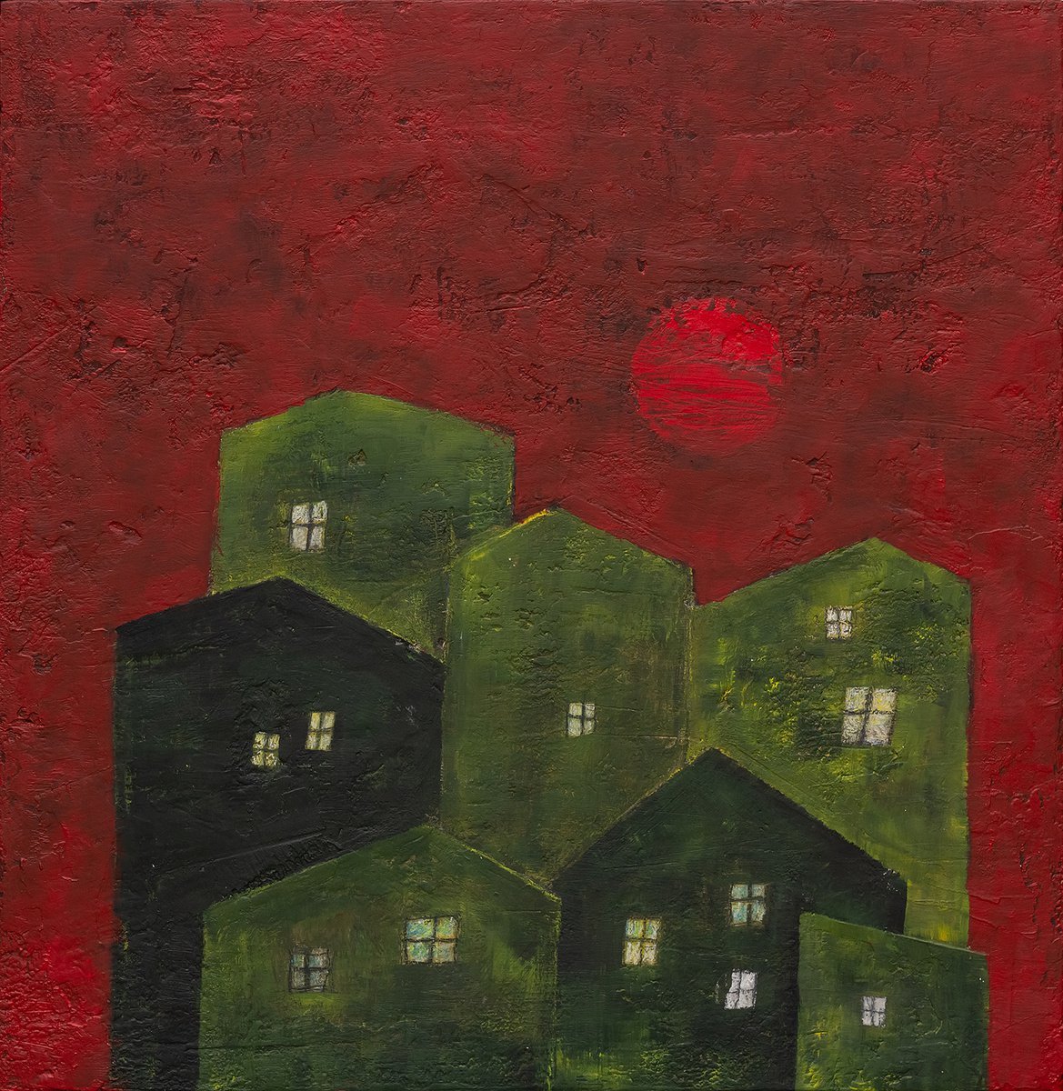 Naive Cityscapes Acrylic Painting By Peter Zelei, 17 X 18", Green City, Red Sunset, Original Artwork