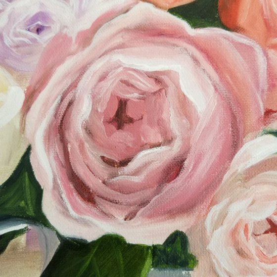 Shabby Chic Heart and Roses Oil Painting on Canvas. Flower Art. Wall Decor. Gift for Mom.