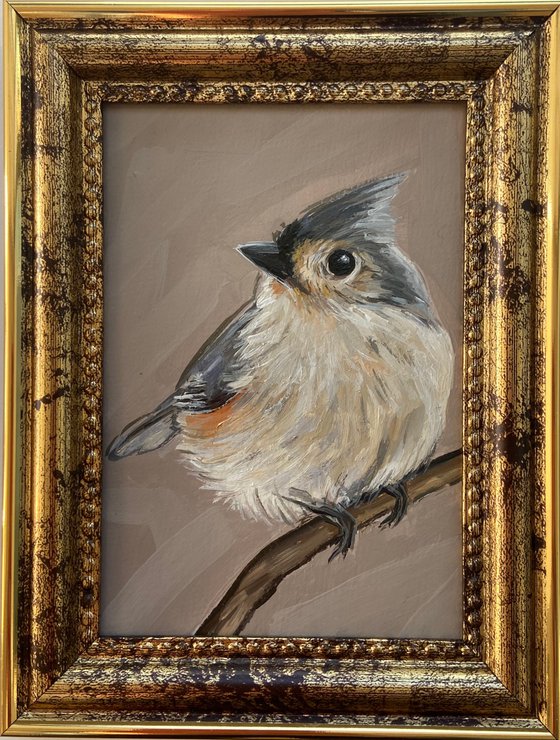 Titmouse Bird painting mini art framed 16x12cm cute mini art