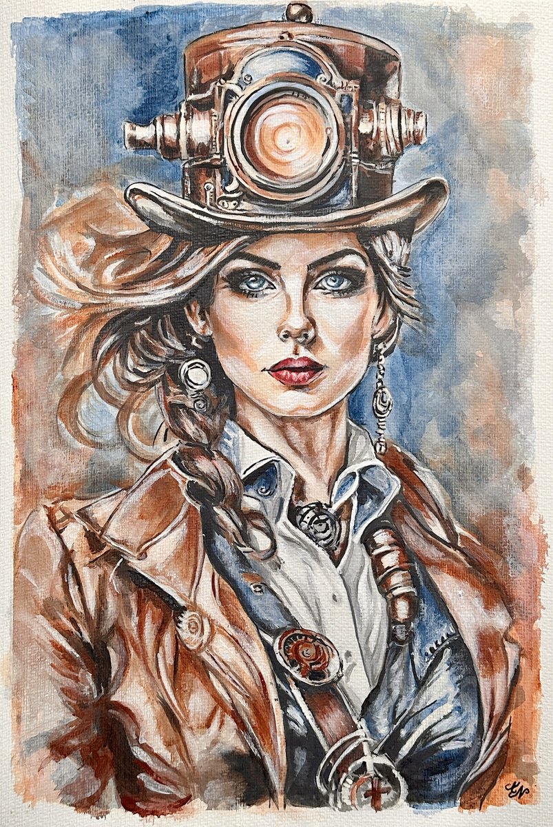 Surrealistic Portrait Watercolour By Misty Lady - M. Nierobisz, 13 X 19", Steampunk Chic, Original Artwork
