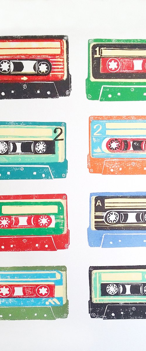Linocut tapes #26 (cassette tapes, retro music, 70's, 80's rock culture) by Carolynne Coulson