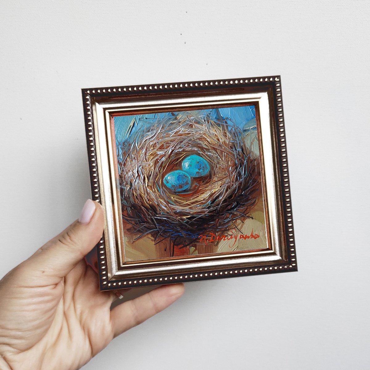 Nest oil painting original 4x4 in frame, Two blu bird egg miniature oil painting wall art... by Nataly Derevyanko