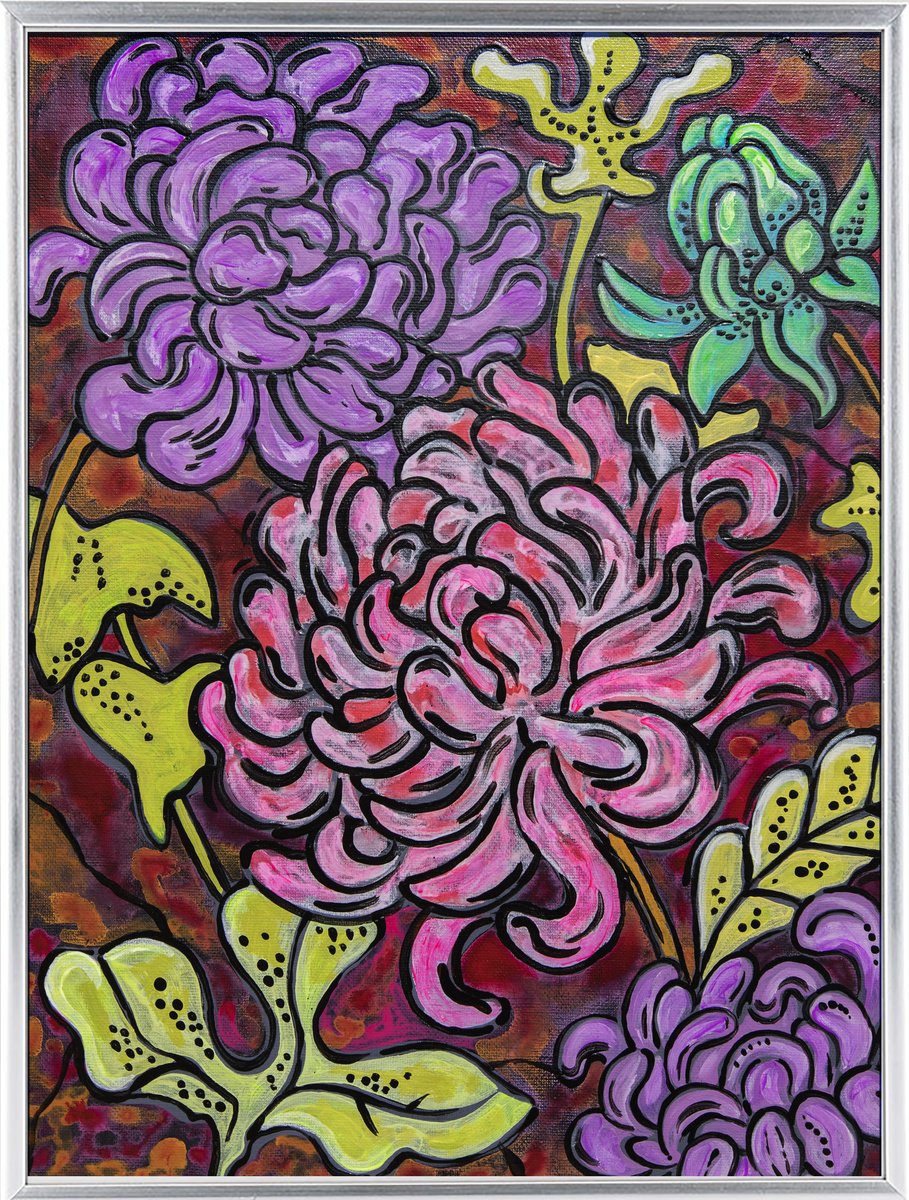 Illustrative Botanical Acrylic Painting By Ariadna De Raadt, 13 X 17, Garden Flowers 2, Original Artwork