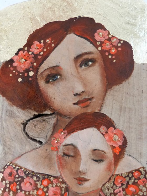 Mother and daughter, portrait on wood, piece of teak. Pink osmosis.