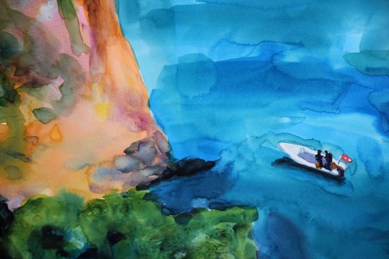 Greece seascape big original watercolor painting, coastal home decor