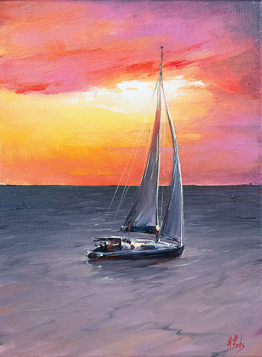 Sailing art sunset by Bozhena Fuchs