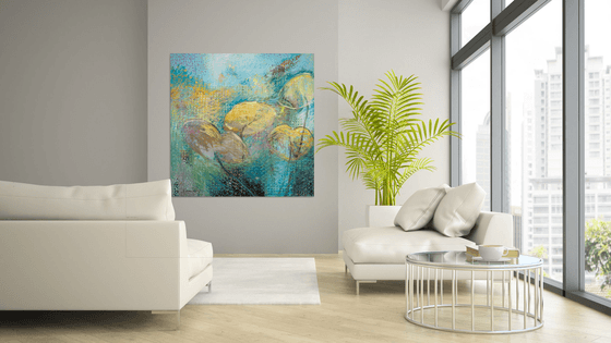 WATER LILIES | PAINTING ACRYLIC, CHARCOAL, CHALK, VARNISH ON CANVAS