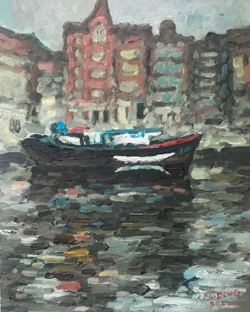 Original Oil Painting Wall Art Signed unframed Hand Made Jixiang Dong Canvas 25cm × 20cm Cityscape Amsterdam Boat River House Small Impressionism Impasto by Jixiang Dong