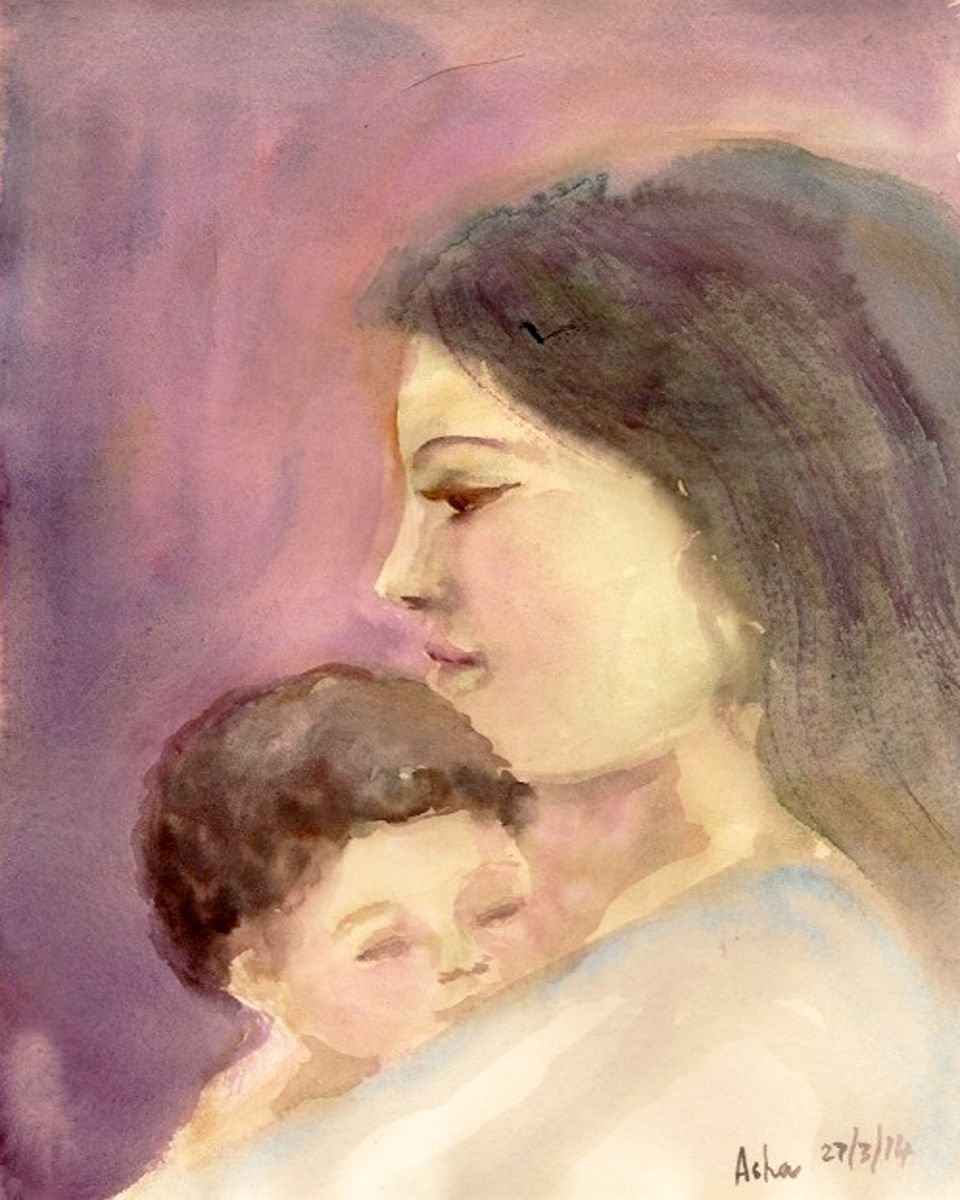Impressionistic Portrait Watercolour By Asha Shenoy, 8 X 10, Mother And Child- Supreme Love, Original Artwork