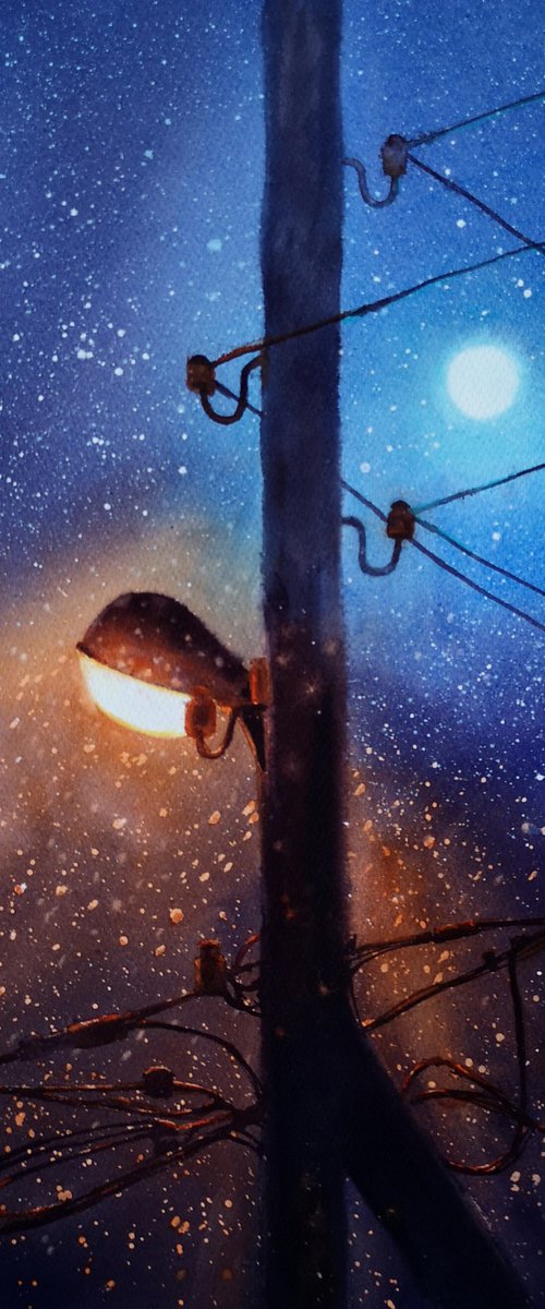 Luminous Dichotomy: A Dance of Warmth and Cold - power lines and moon by Olga Beliaeva Watercolour