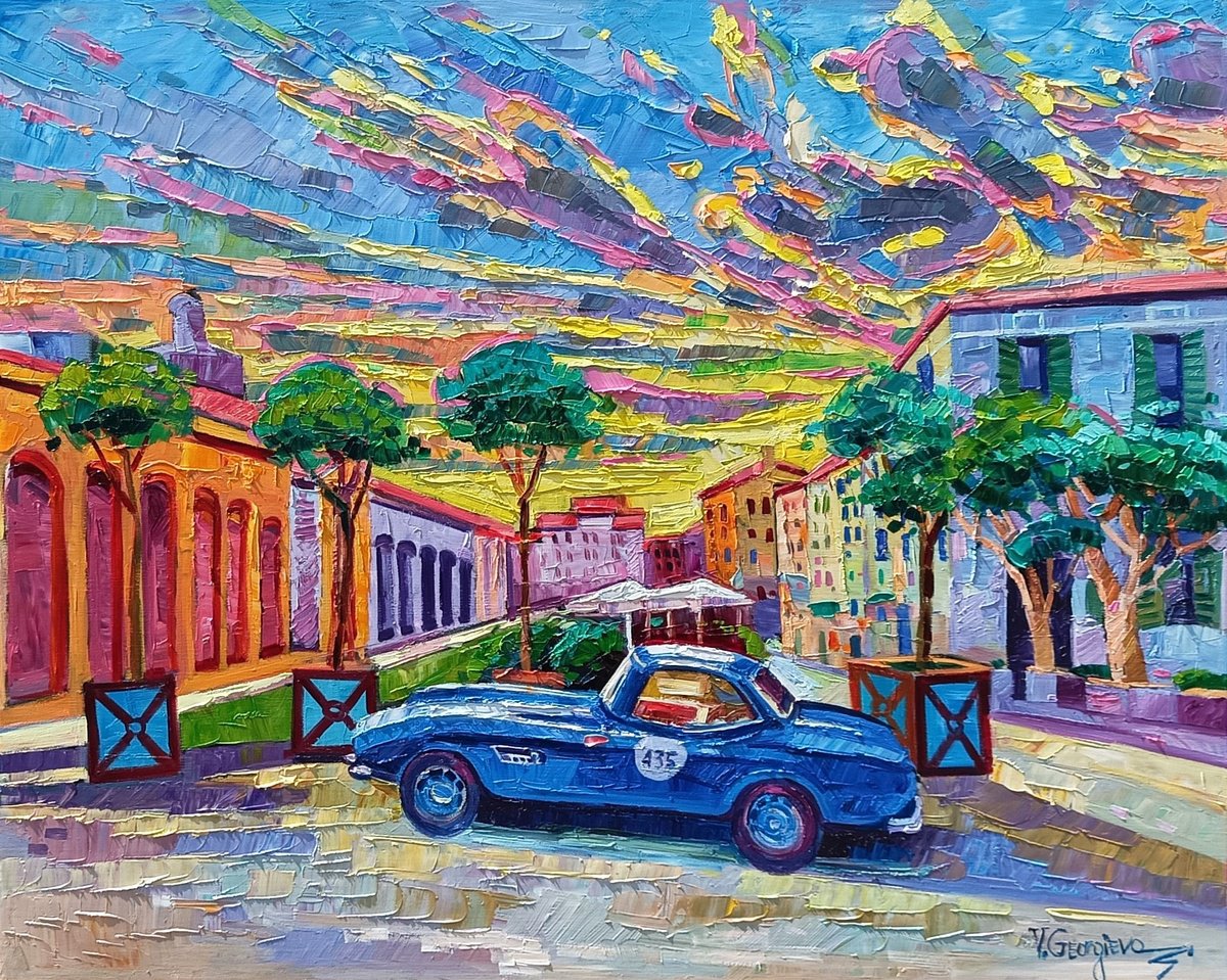 Expressive Cityscapes Oil Painting By Vanya Georgieva, 39 X 31", Mille Miglia 8 / In Piazza Arnaldo, Original Artwork