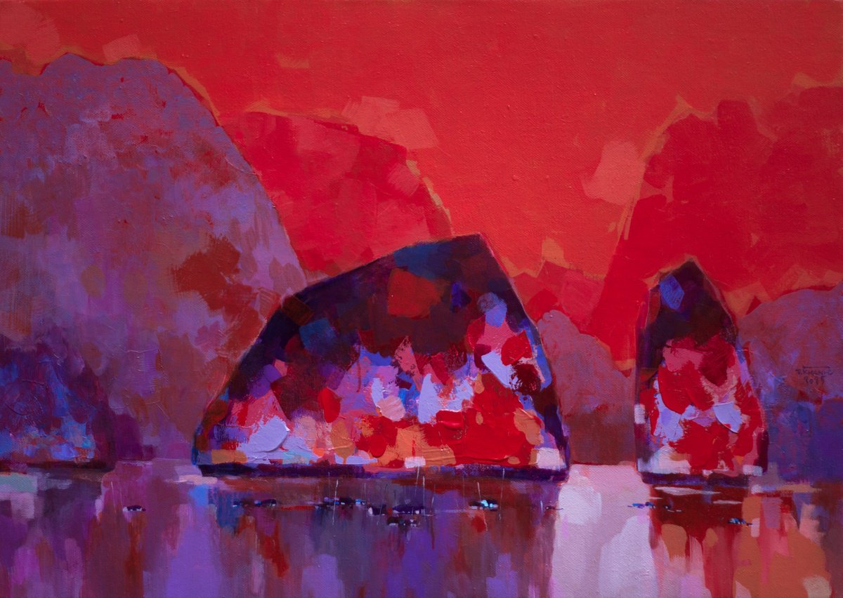 Expressive Landscape Acrylic Painting By The Khanh Bui, 39 X 28", Quiet Sunset, Original Artwork