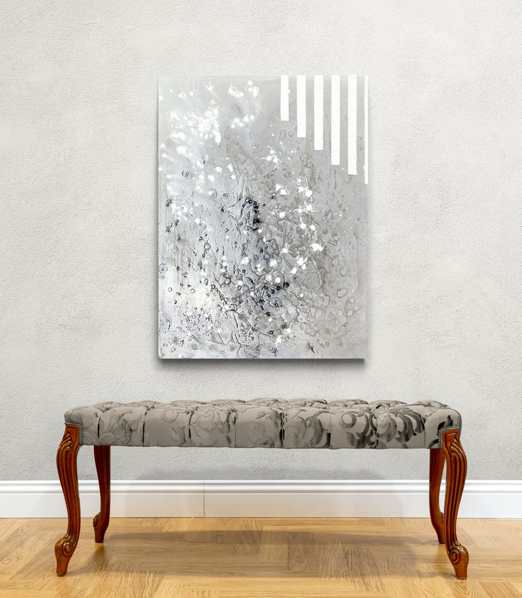Abstract Acrylic Painting By Cristina Dalla Valentina, 24 X 31, White Noise /2, Original Artwork