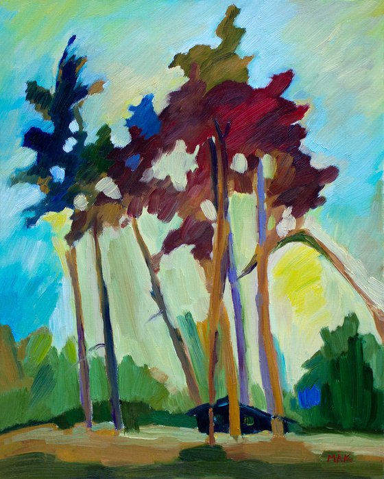 THE EVENING SUN - expressive landscape oil painting with colored trees and evening sky gift idea home decor