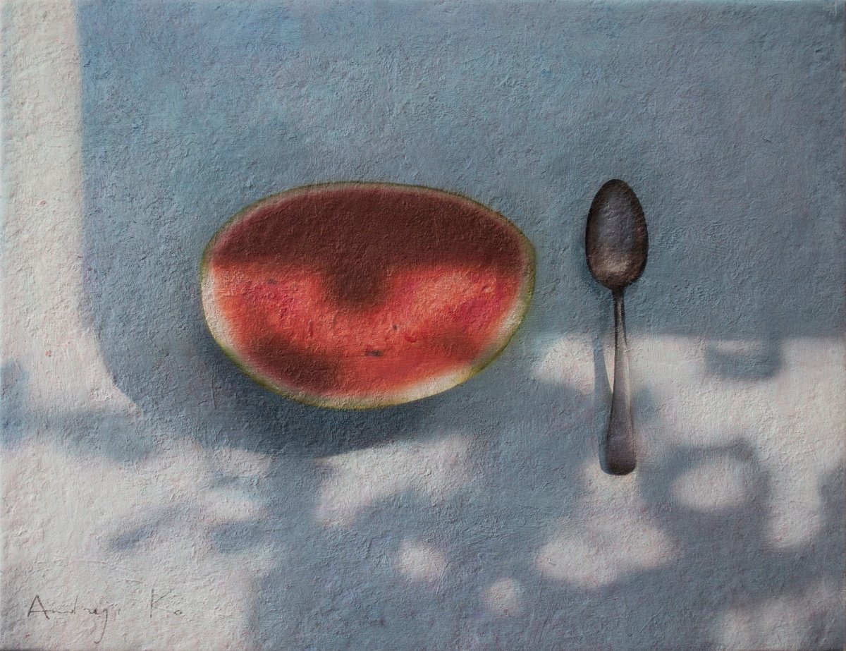Photorealistic Still Life Acrylic Painting By Andrejs Ko, 26 X 20, The Watermelon On Sunday, Original Artwork