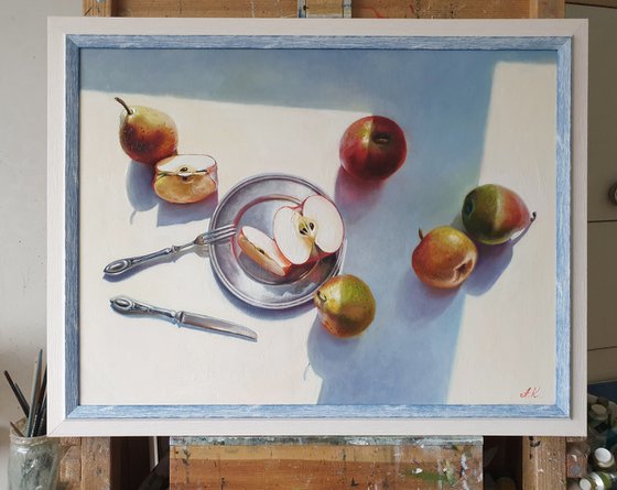 "Apples and pears. "  still life summer grape pear white liGHt original painting  GIFT (2021)